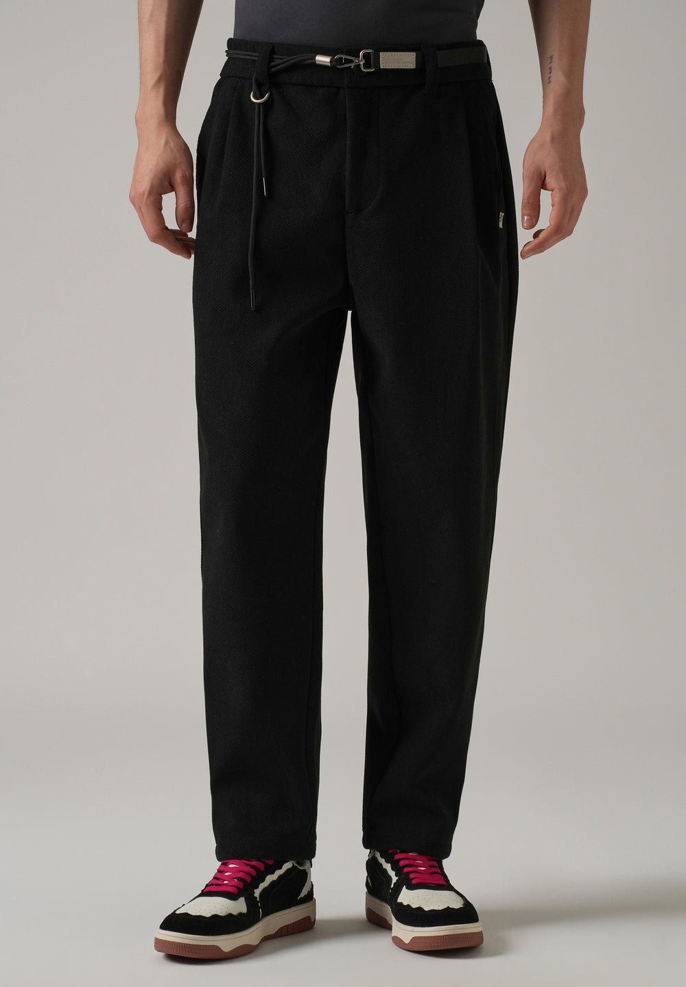 Black Textured Corduroy Belt Pant