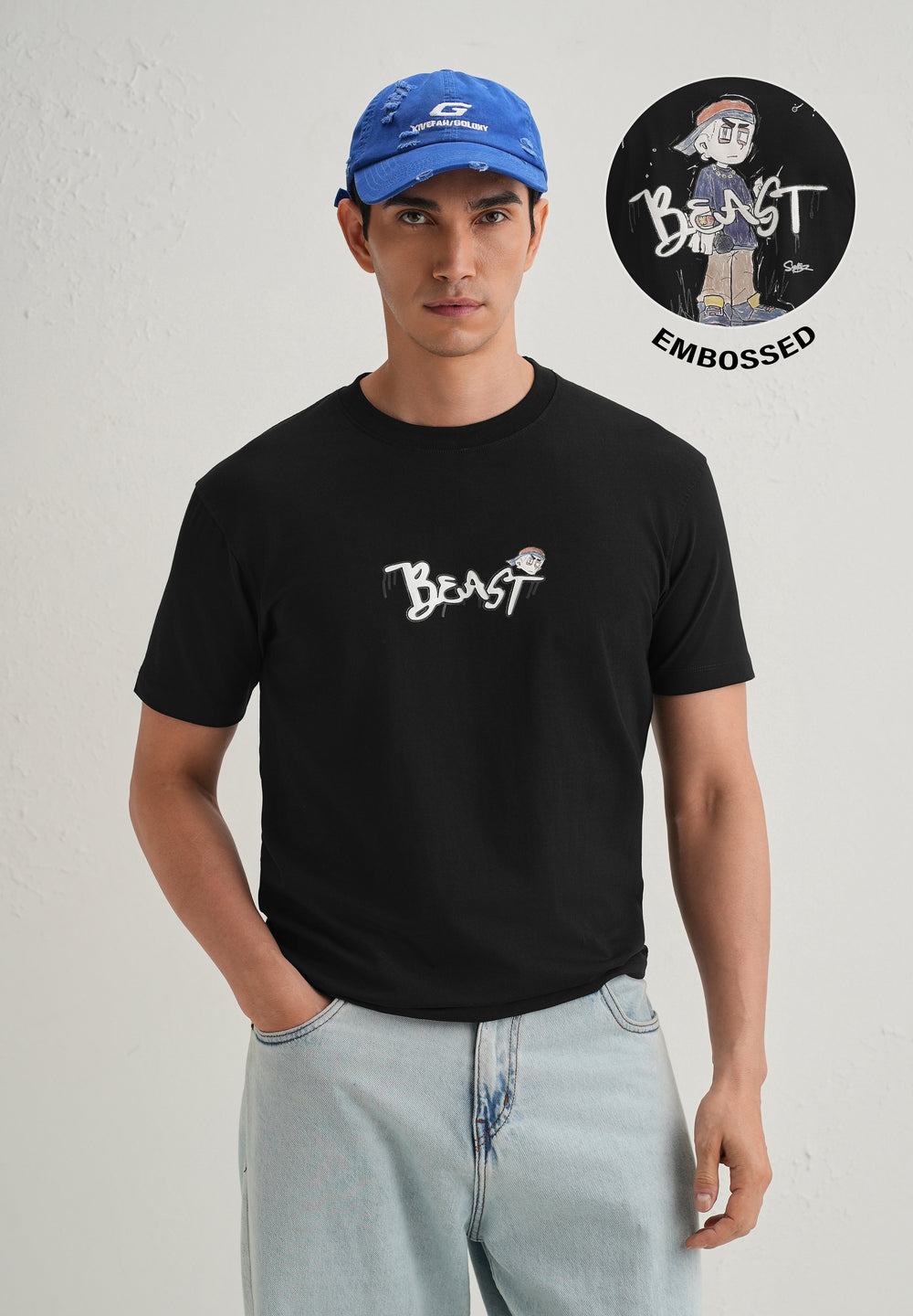 Black Textured Embossed Print T-Shirt