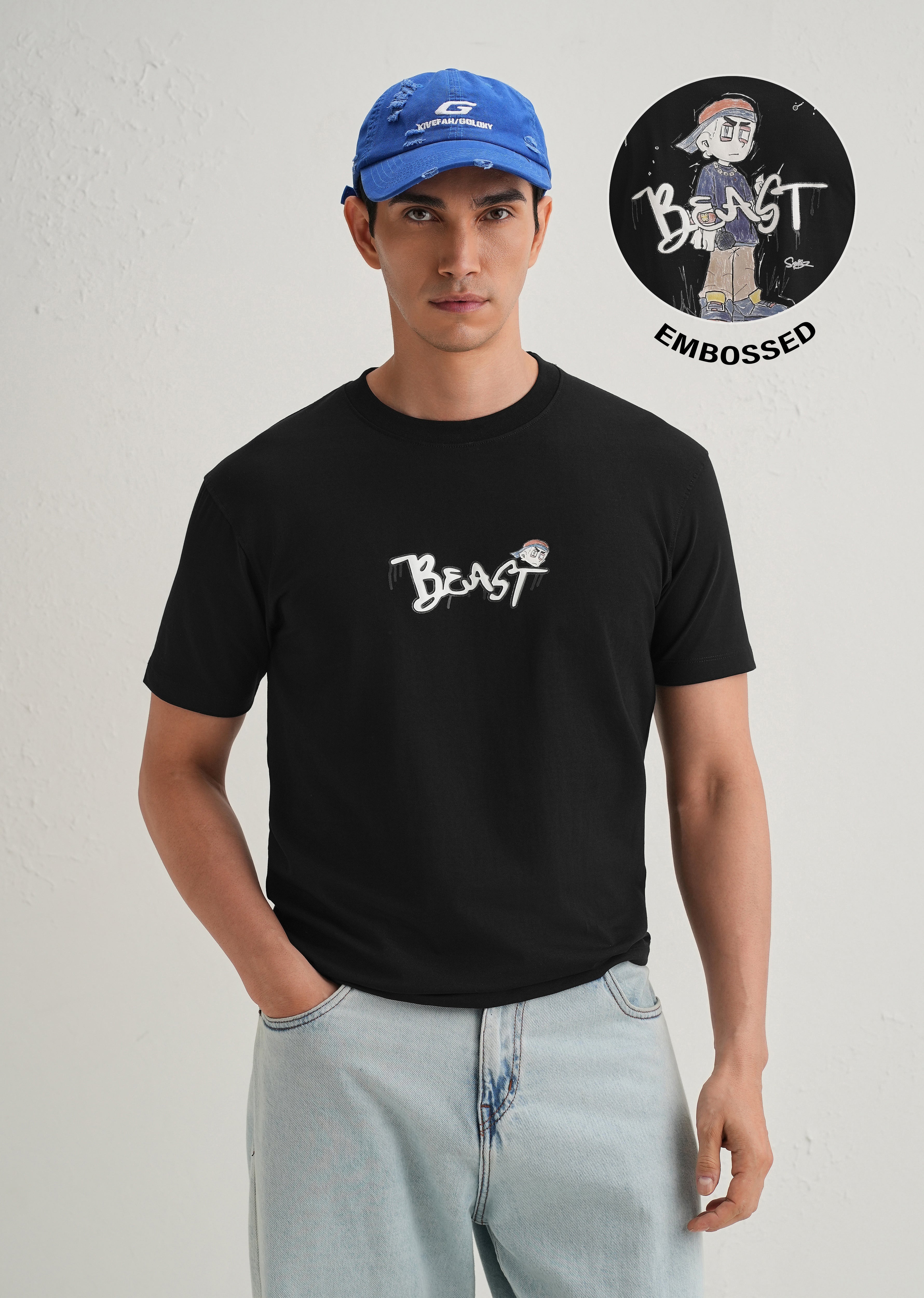 Black Textured Embossed Print T-Shirt