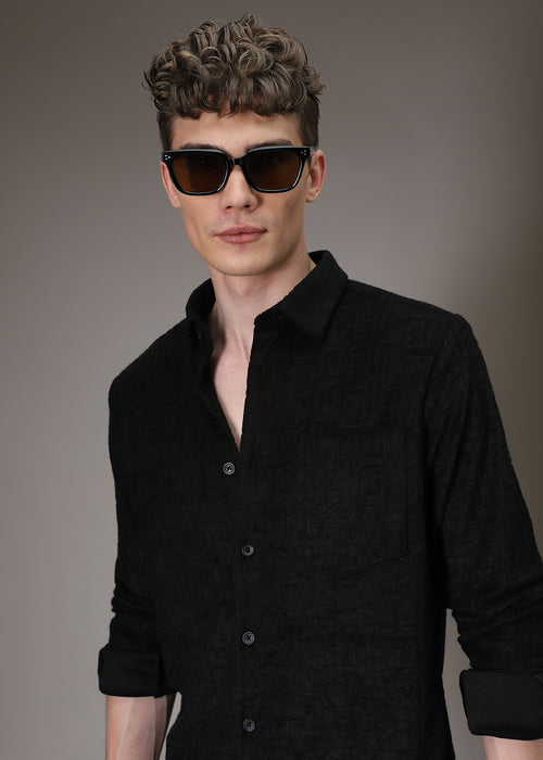 Black Jacquard Towelling Camp Shirt