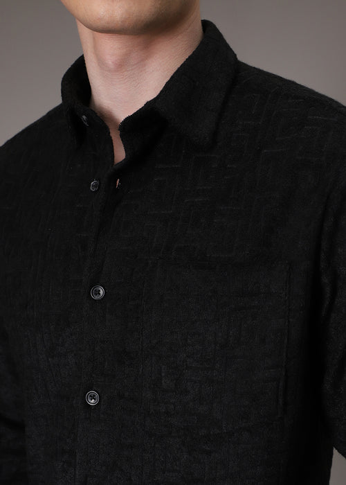 Black Jacquard Towelling Camp Shirt