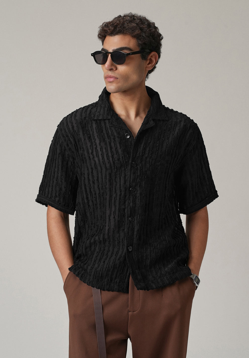 Black Clip Jacquard Stripe Shirt