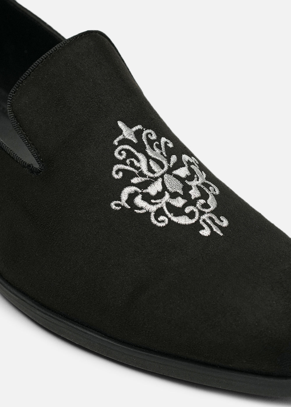Black Suede Embroidered Loafers