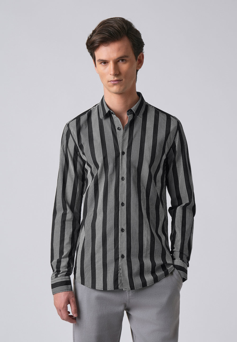 Black Vertical Pin Stripe Cotton/Linen Shirt