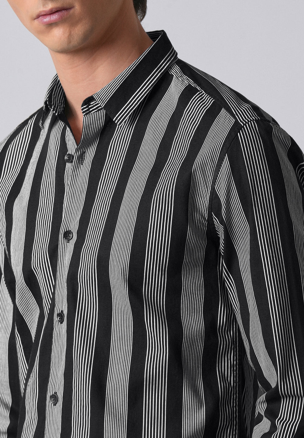 Black Vertical Pin Stripe Cotton/Linen Shirt