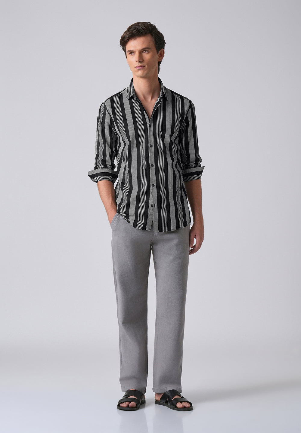 Black Vertical Pin Stripe Cotton/Linen Shirt