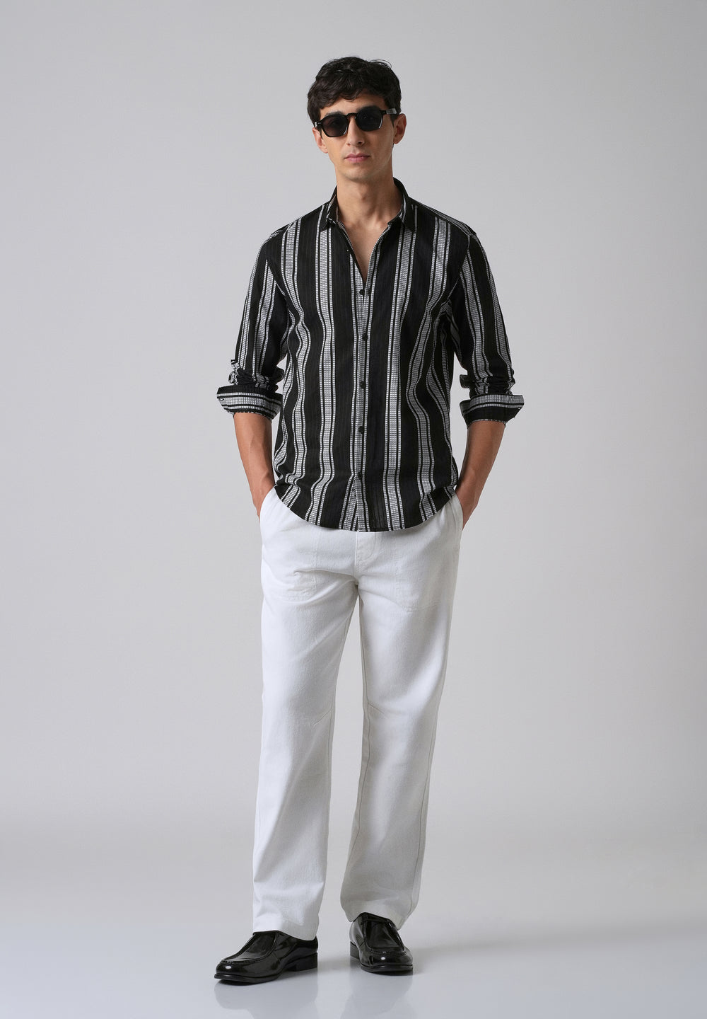 Black Vertical Stripe Cotton/Linen Shirt