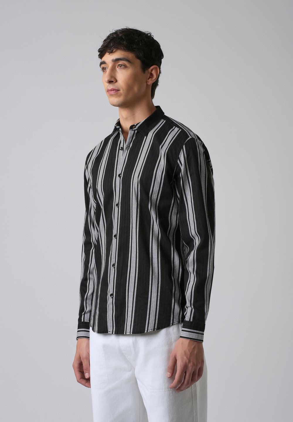 Black Vertical Stripe Cotton/Linen Shirt