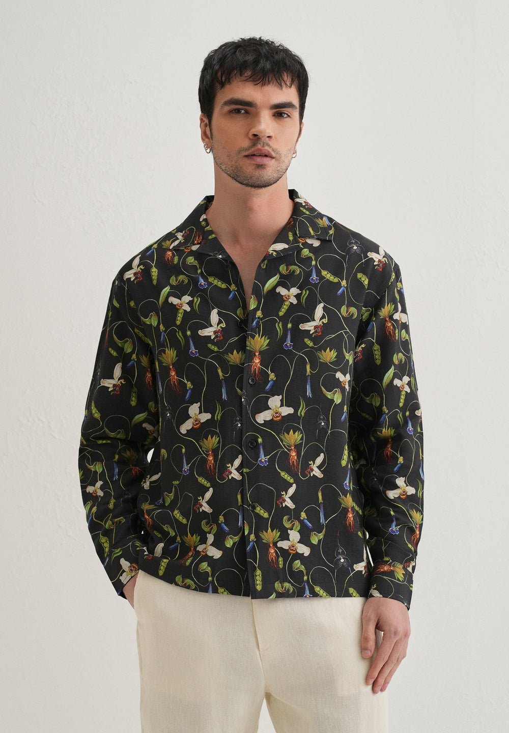 Black Vintage Orchid Printed Shirt