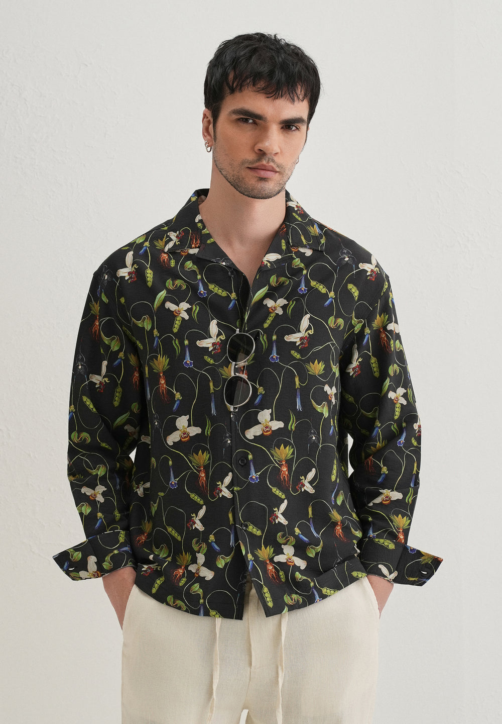 Black Vintage Orchid Printed Shirt