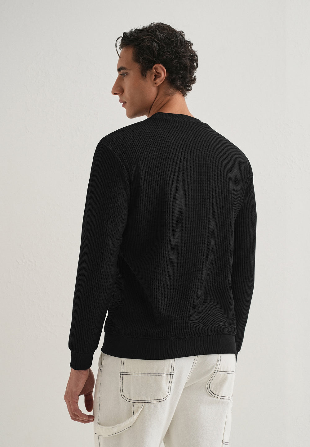 Black Waffle Knit Embroidered Pullover