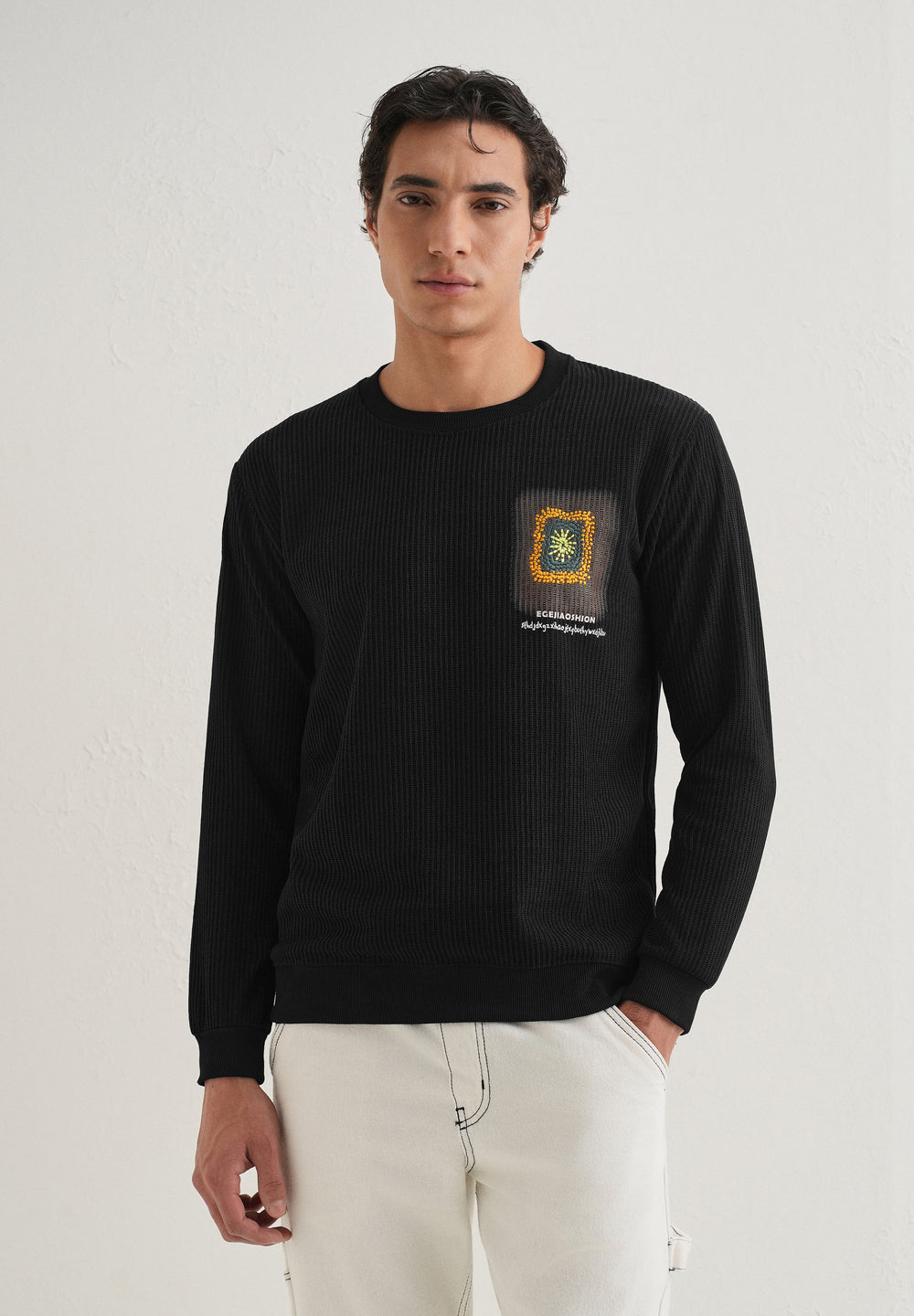 Black Waffle Knit Embroidered Pullover