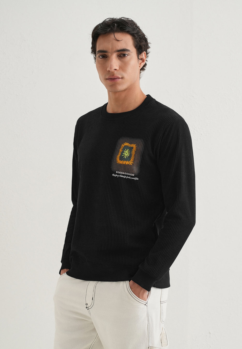 Black Waffle Knit Embroidered Pullover