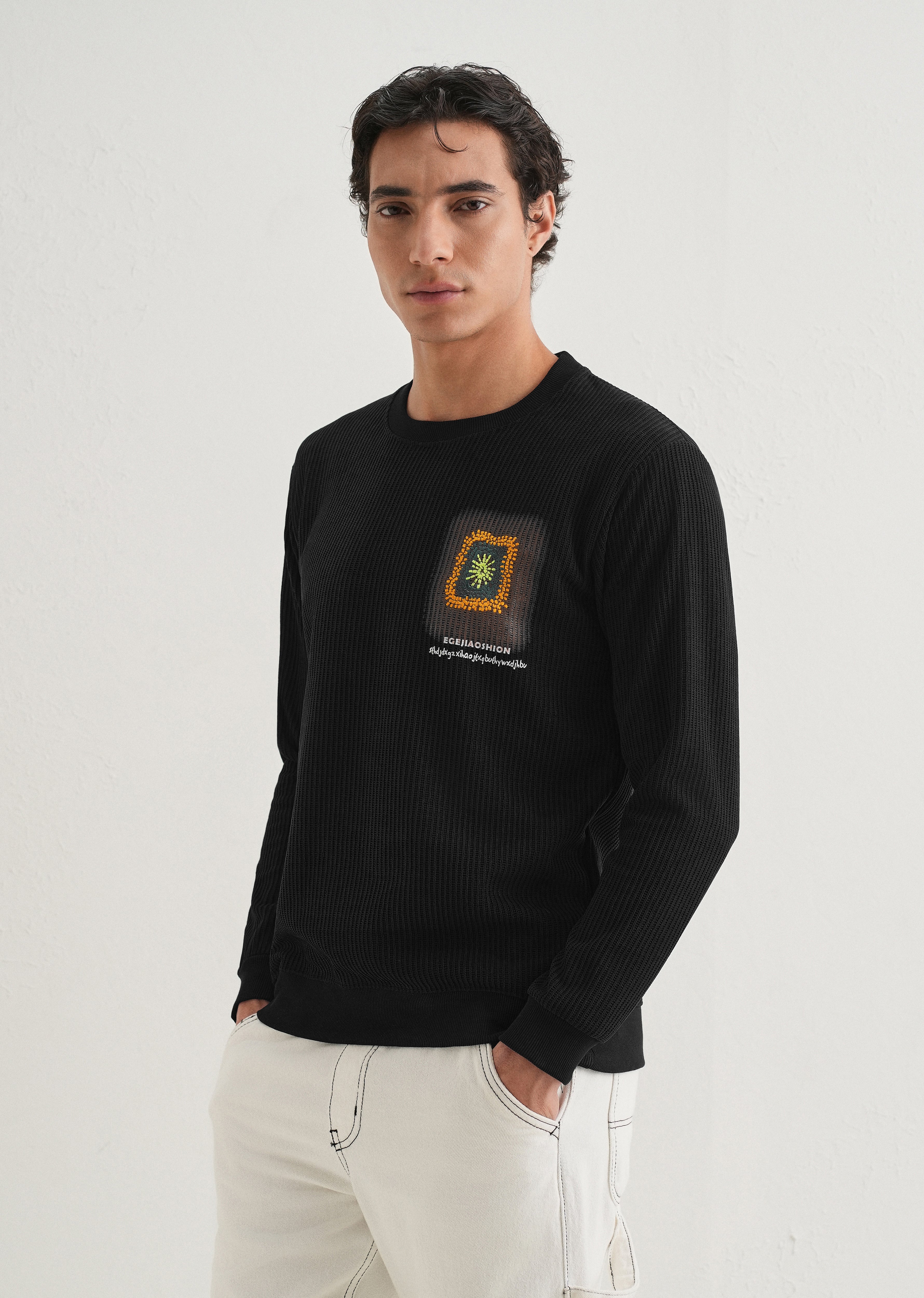 Black Waffle Knit Embroidered Pullover
