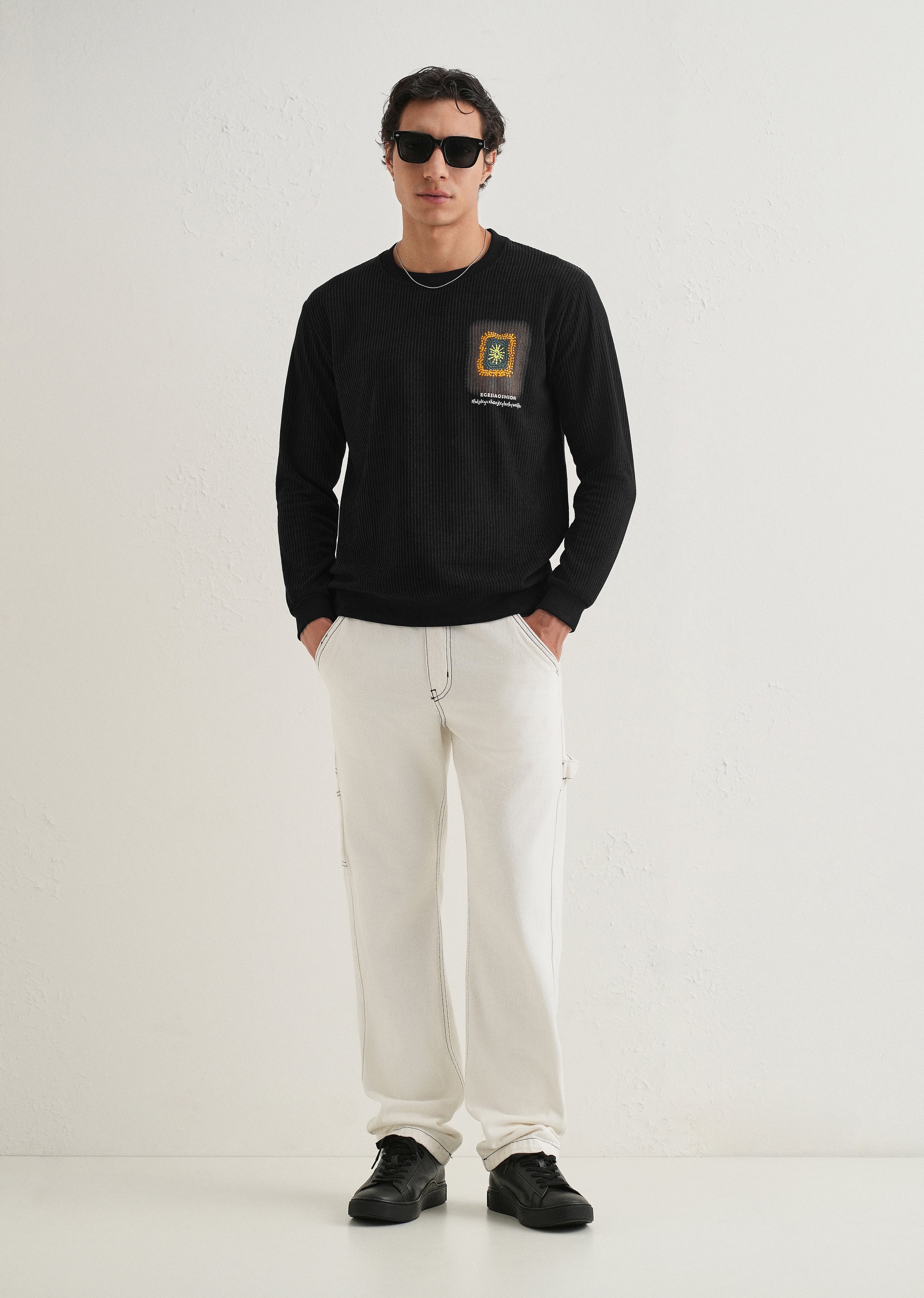 Black Waffle Knit Embroidered Pullover