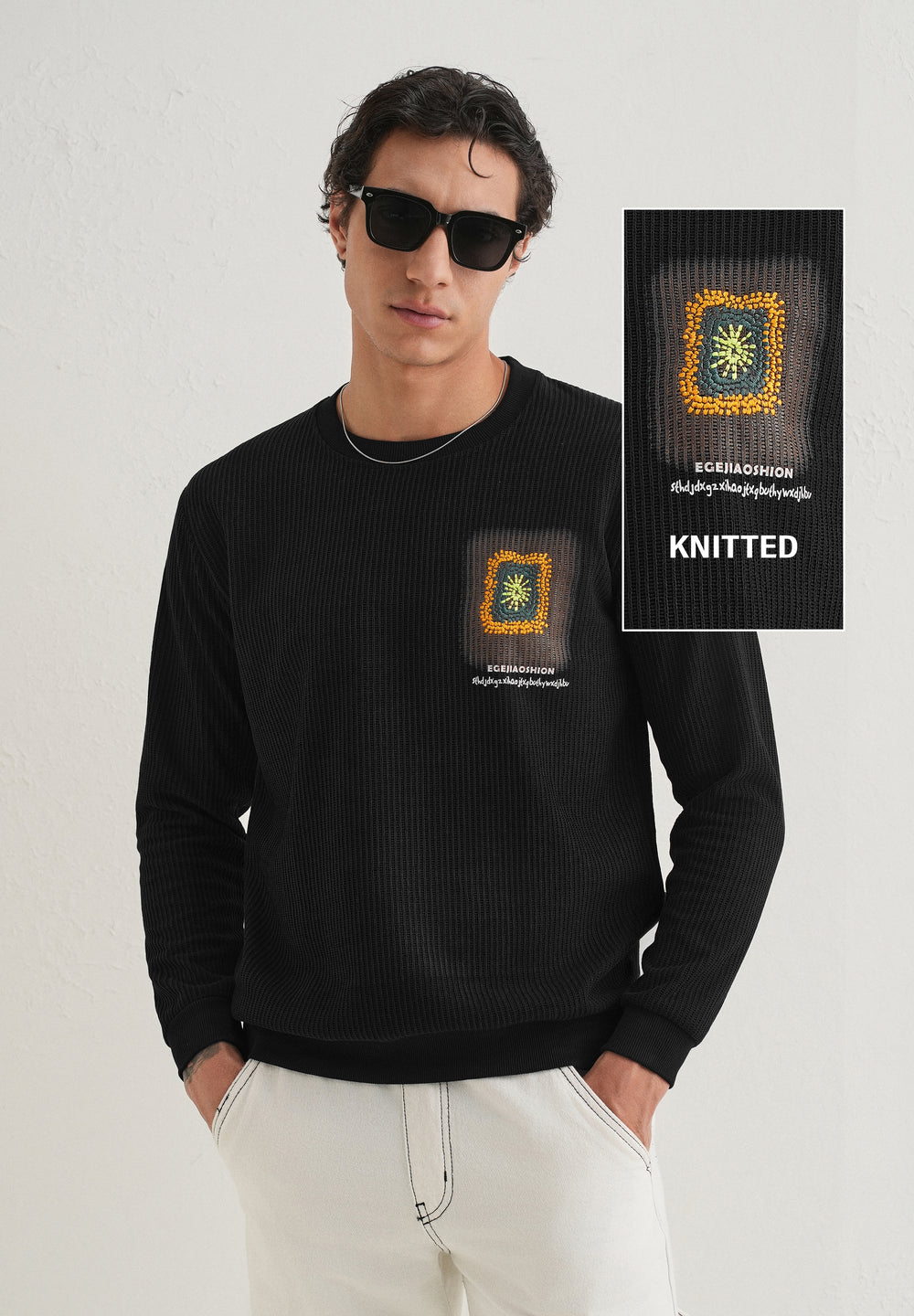 Black Waffle Knit Embroidered Pullover