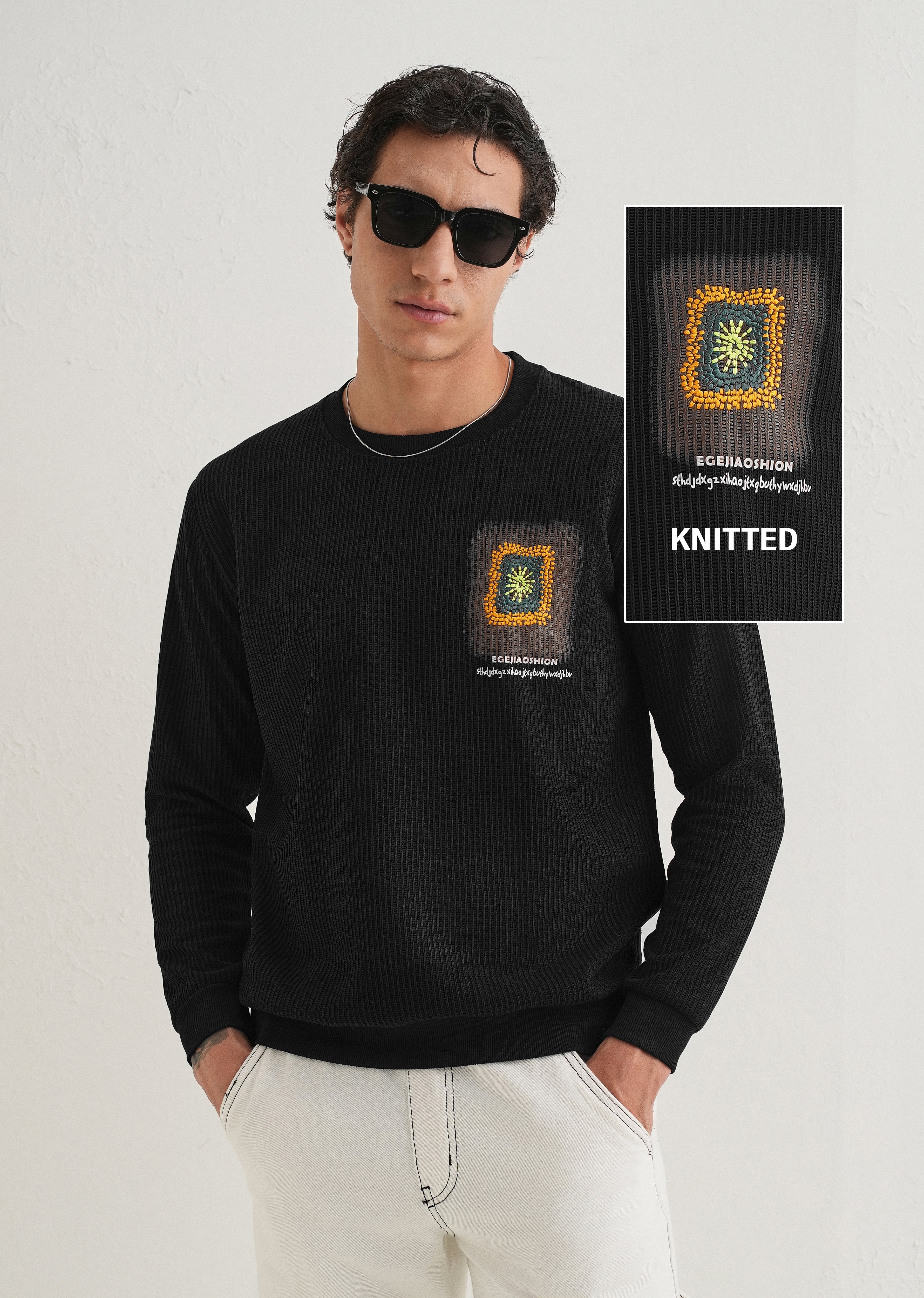 Black Waffle Knit Embroidered Pullover