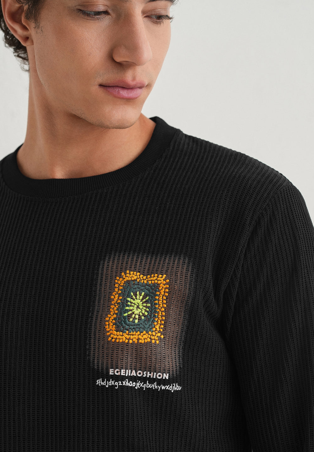Black Waffle Knit Embroidered Pullover