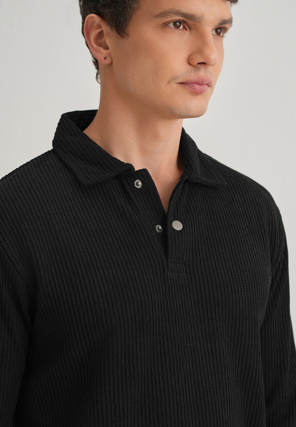 Black Waffle Knit Polo Sweatshirt
