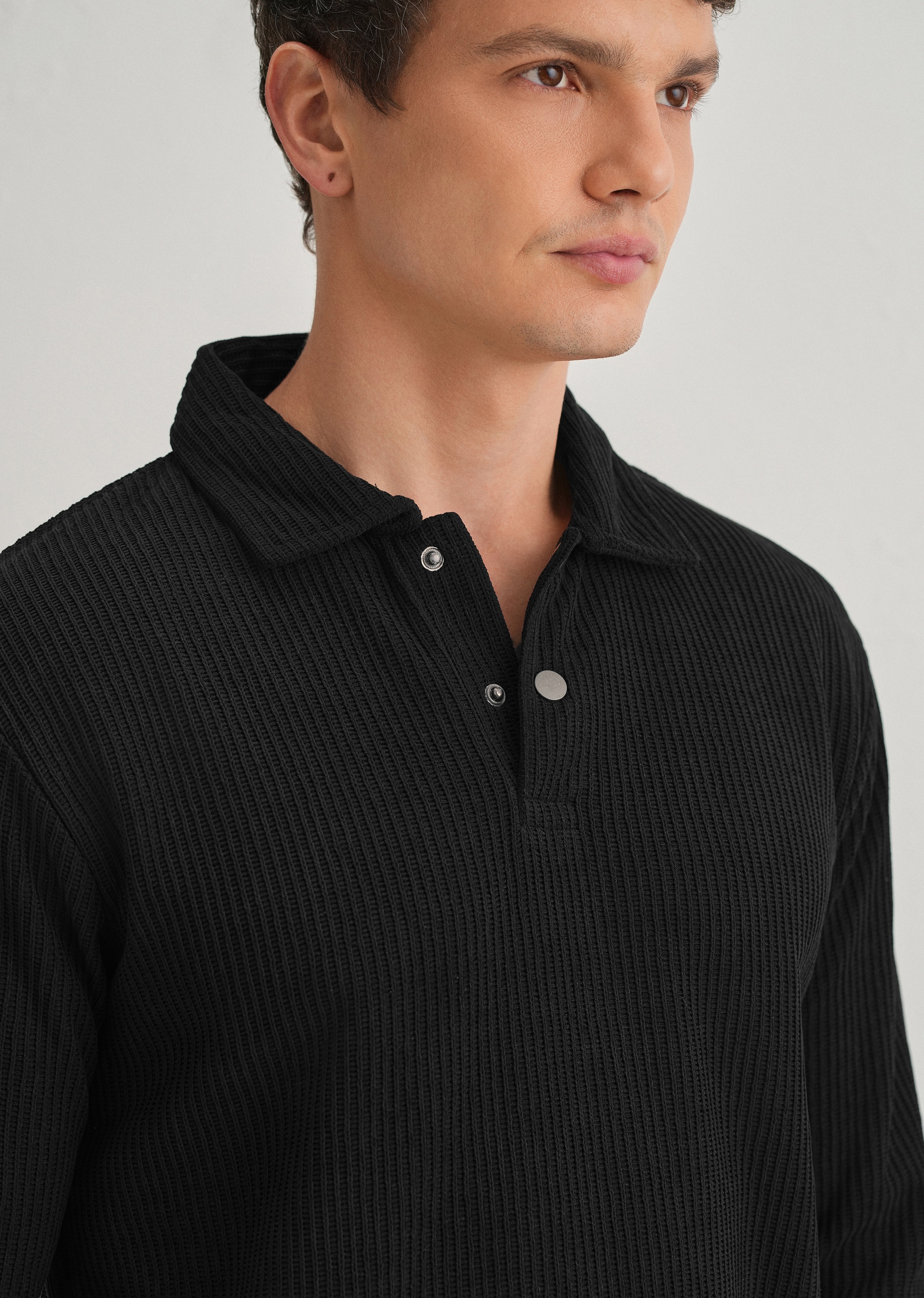 Black Waffle Knit Polo Sweatshirt