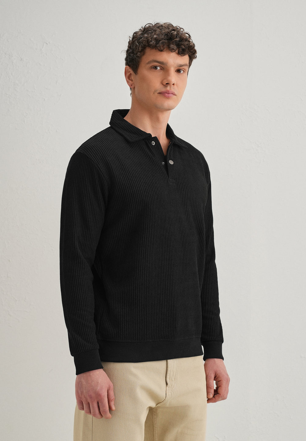 Black Waffle Knit Polo Sweatshirt