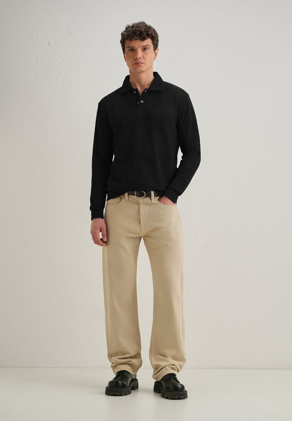 Black Waffle Knit Polo Sweatshirt