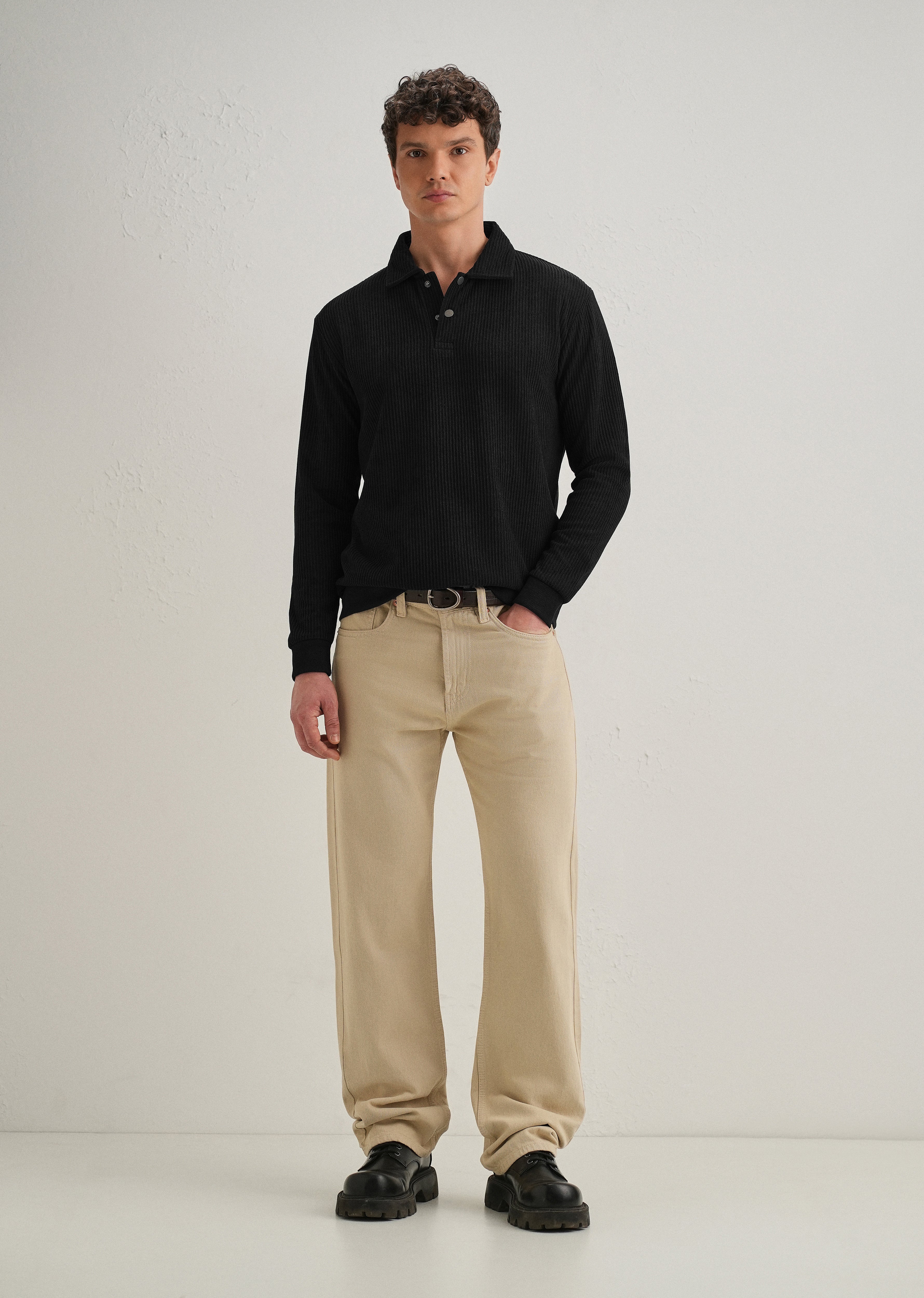 Black Waffle Knit Polo Sweatshirt