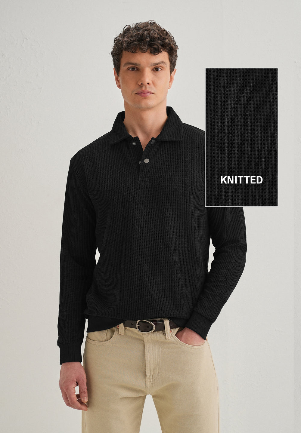 Black Waffle Knit Polo Sweatshirt