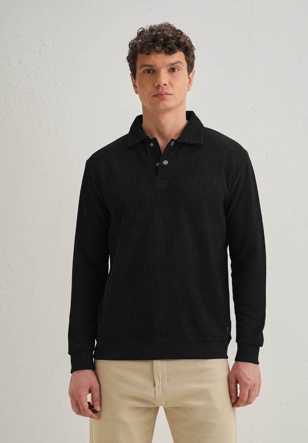 Black Waffle Knit Polo Sweatshirt