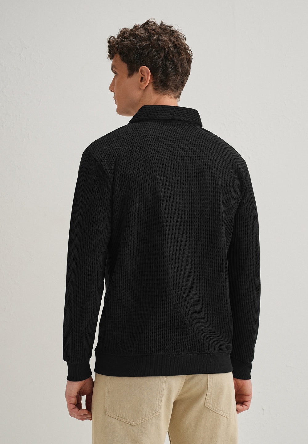 Black Waffle Knit Polo Sweatshirt