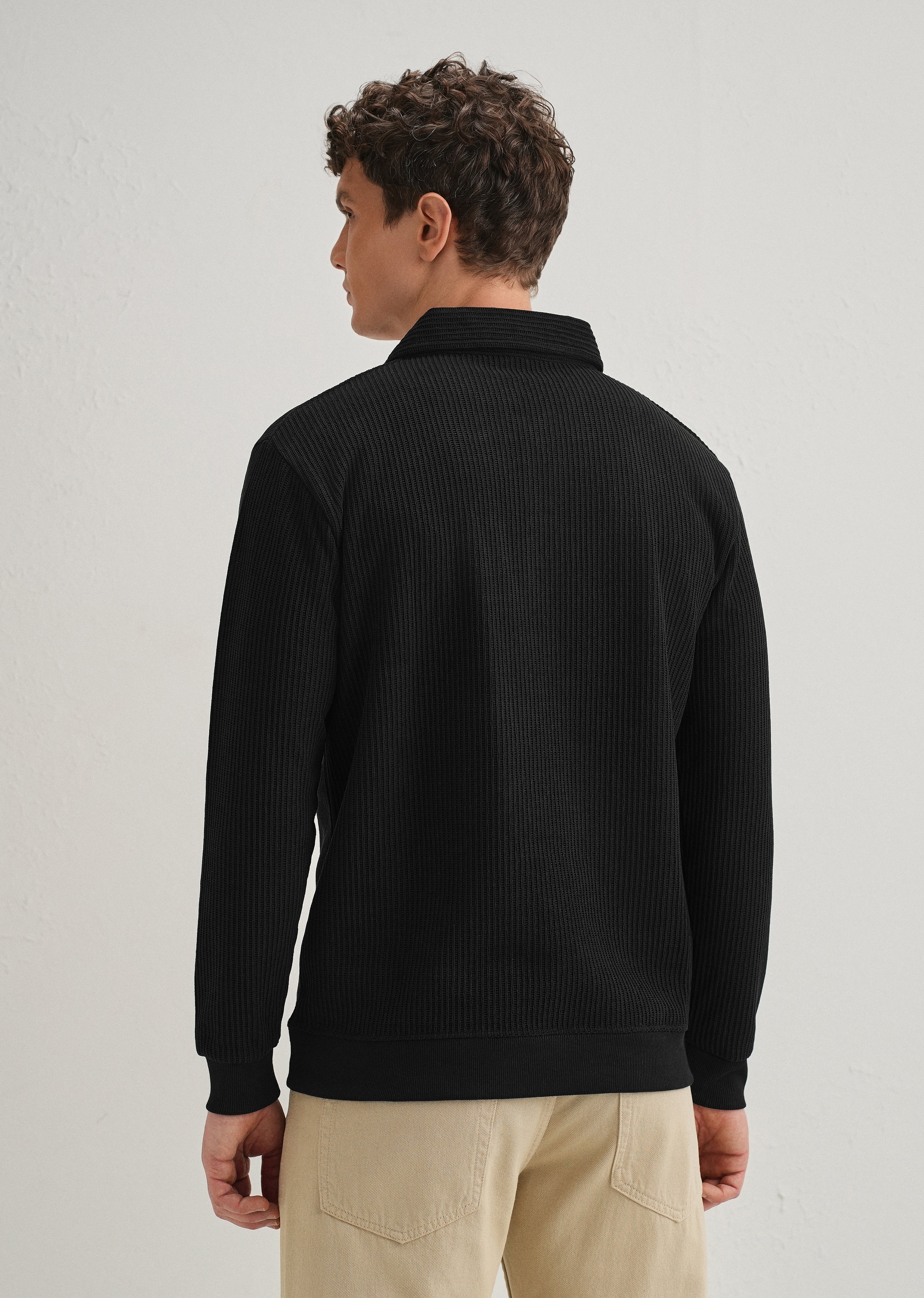 Black Waffle Knit Polo Sweatshirt