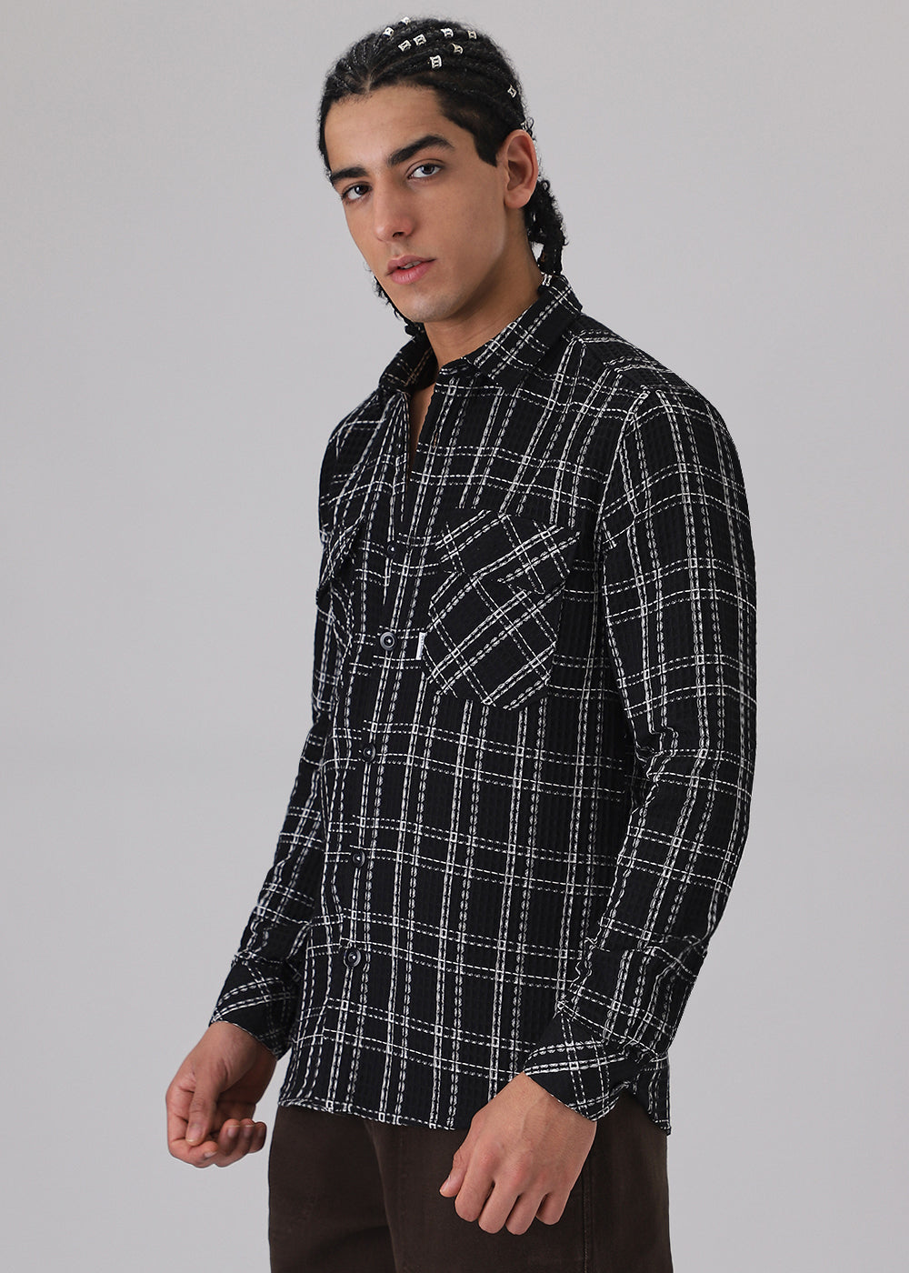 Black Waffle Plaid Check Shirt