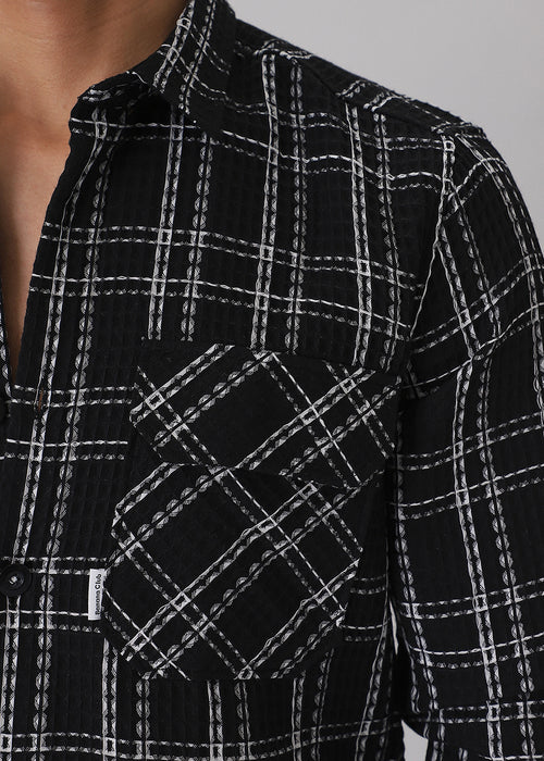 Black Waffle Plaid Check Shirt