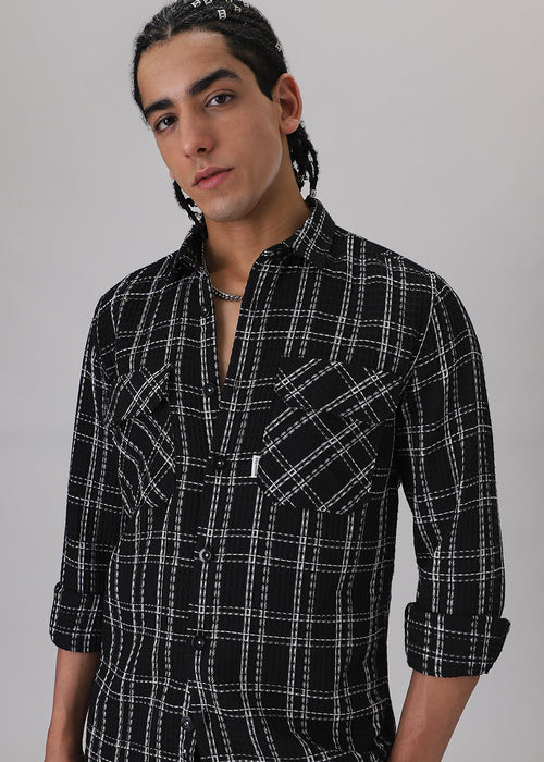 Black Waffle Plaid Check Shirt