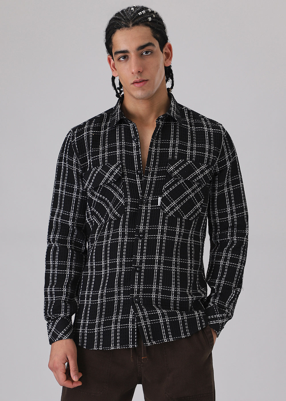 Black Waffle Plaid Check Shirt