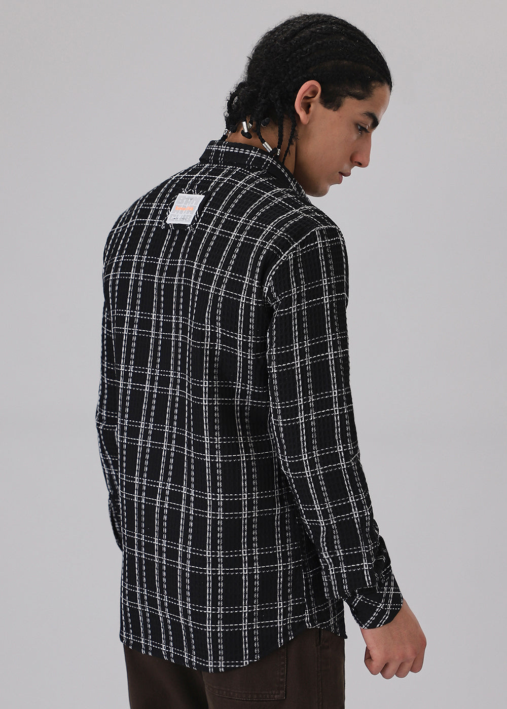 Black Waffle Plaid Check Shirt