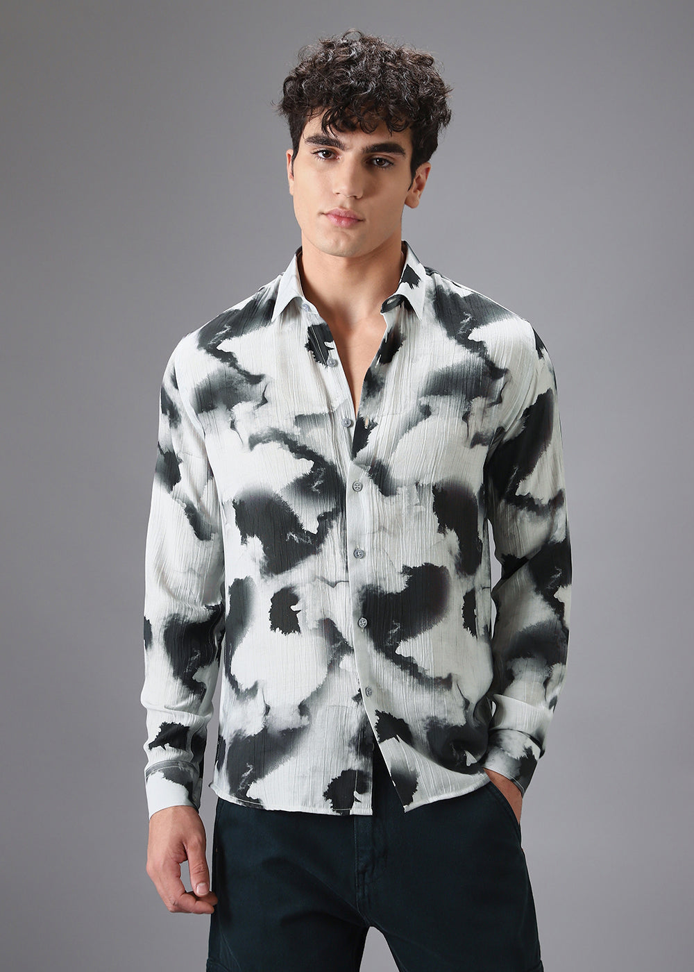 Black Wash Crushed Printed Shirt