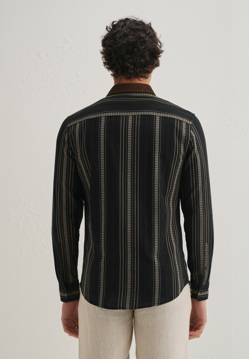 Black Woven Striped Suede Collar Shirt