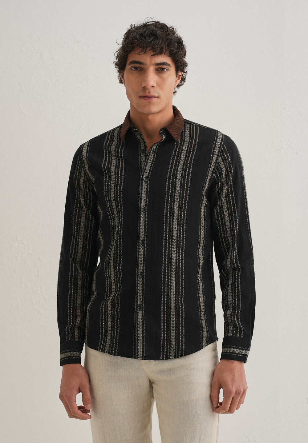 Black Woven Striped Suede Collar Shirt