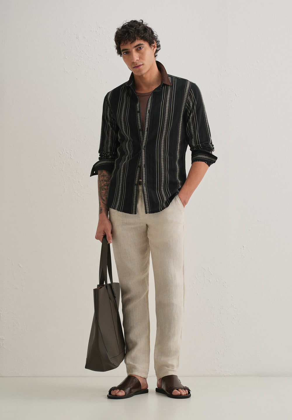 Black Woven Striped Suede Collar Shirt