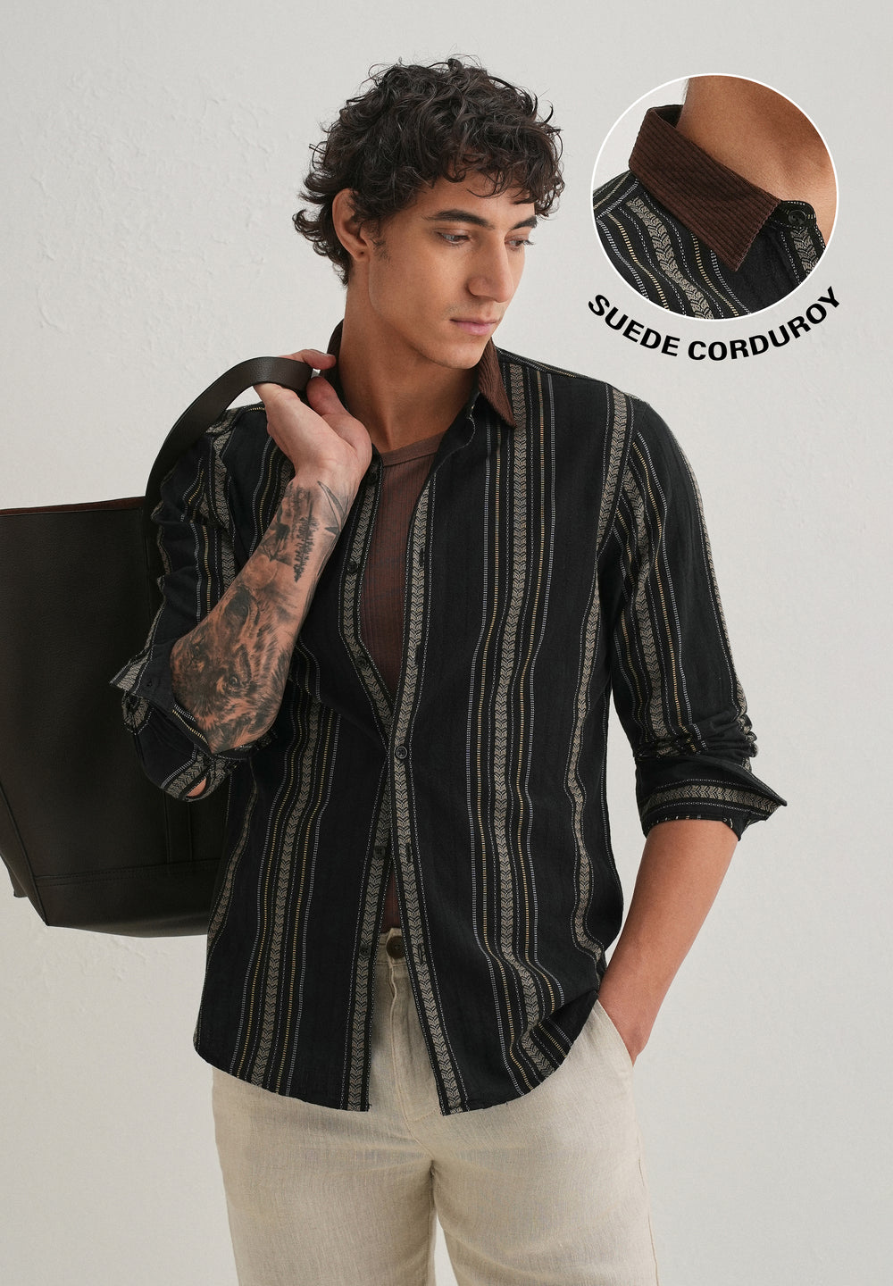 Black Woven Striped Suede Collar Shirt