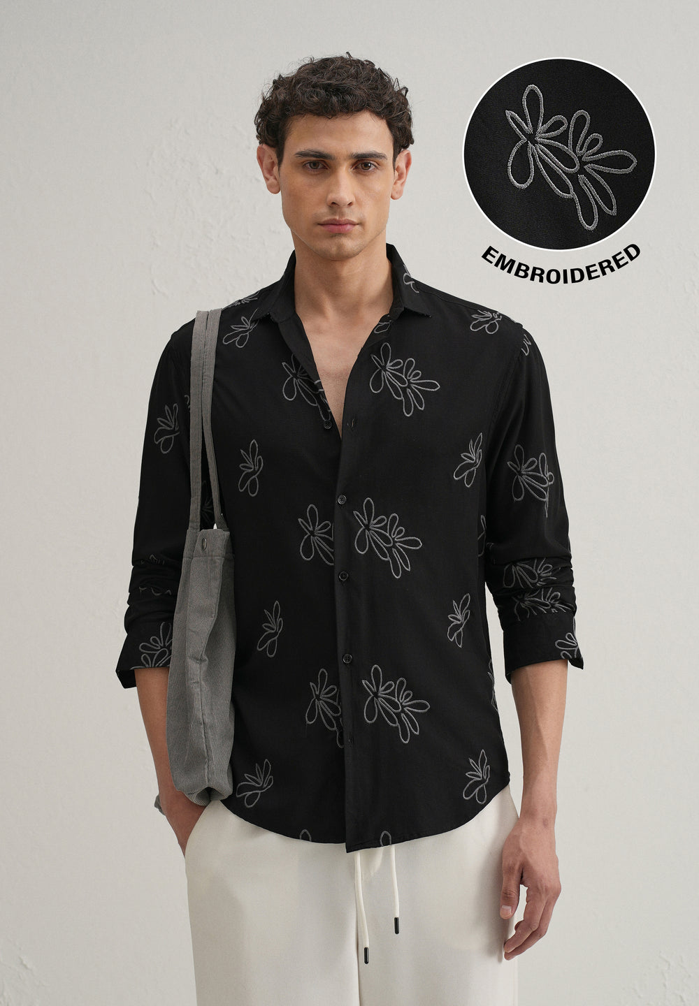 Black Abstract Floral Embroidery Shirt