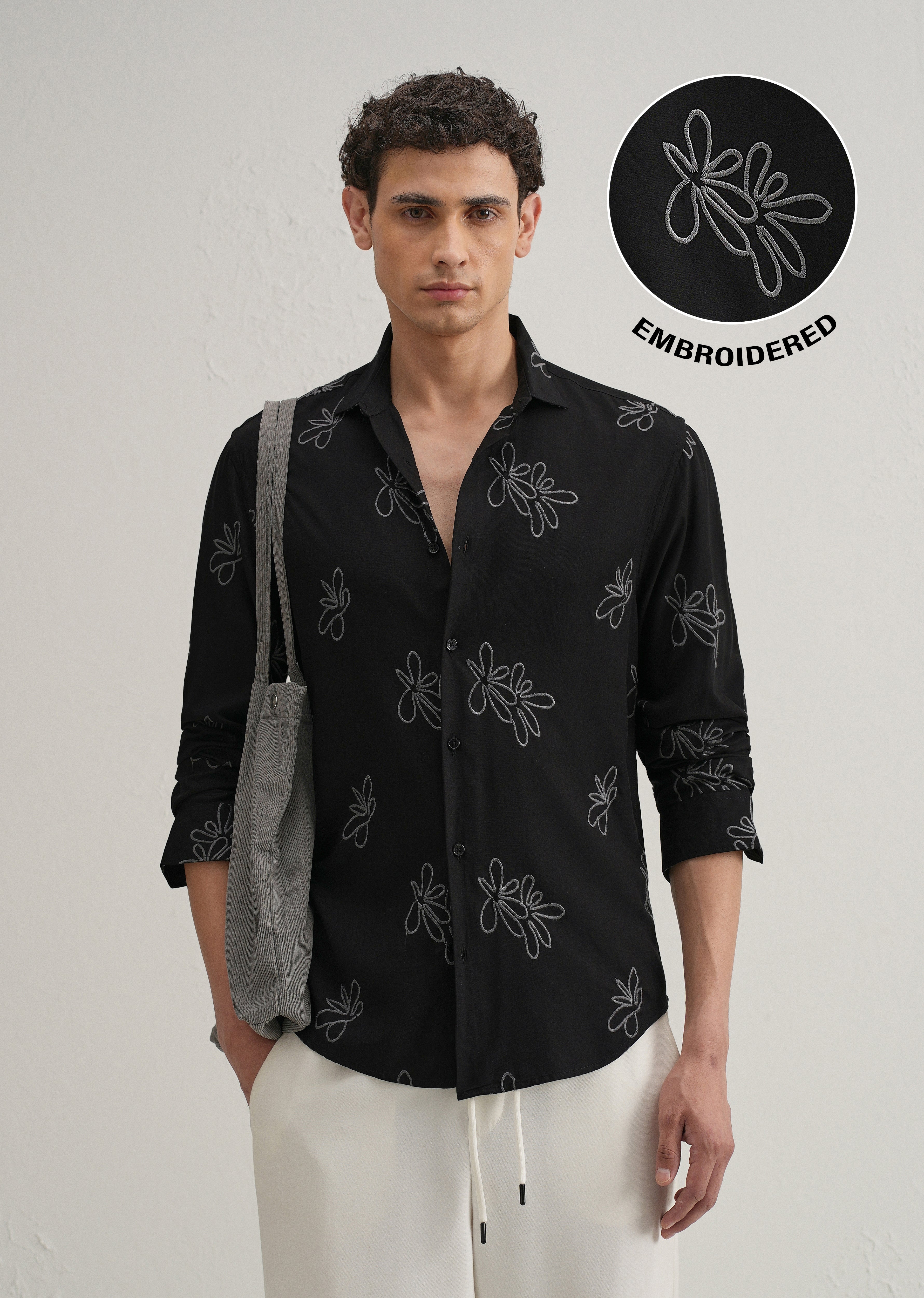 Black Abstract Floral Embroidery Shirt