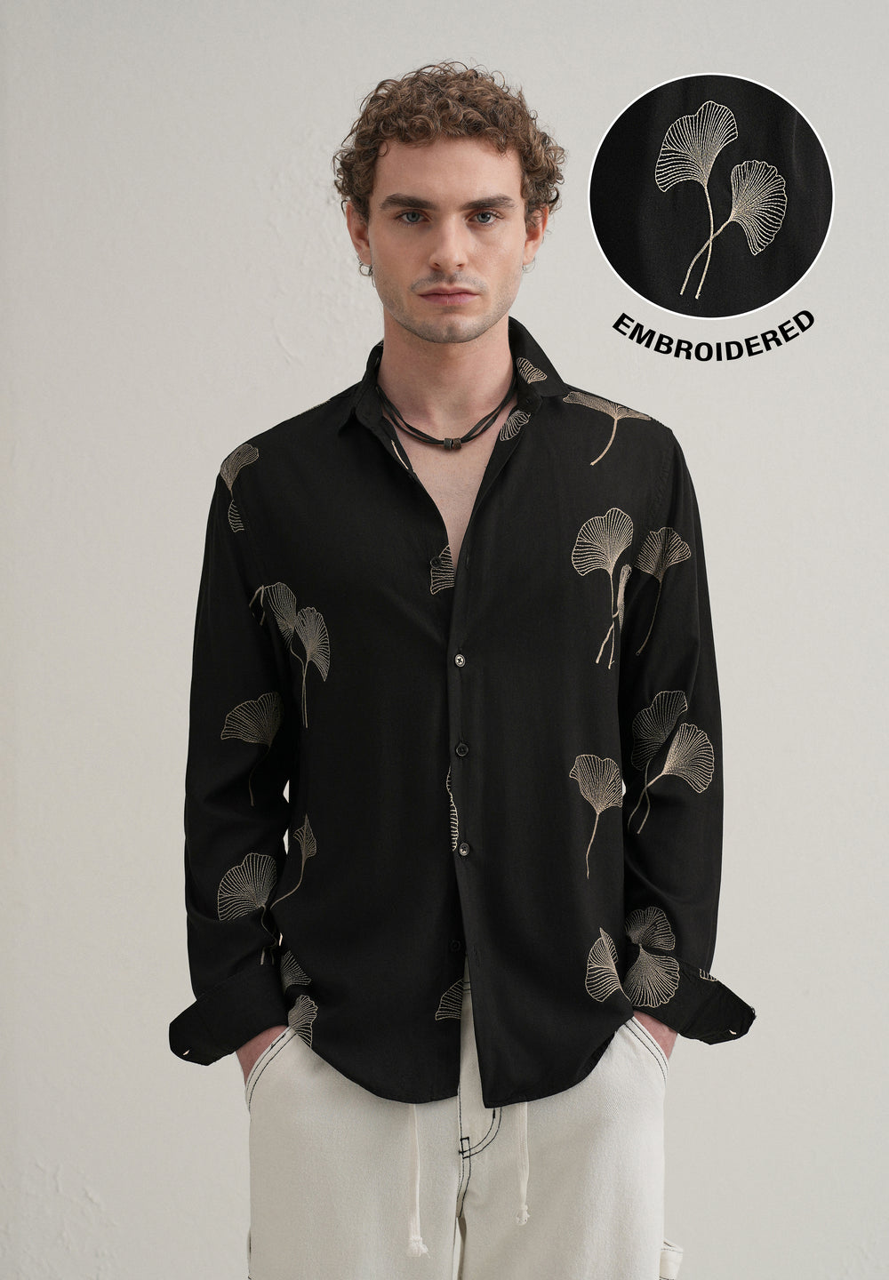Black Abstract Leaf Embroidery Shirt