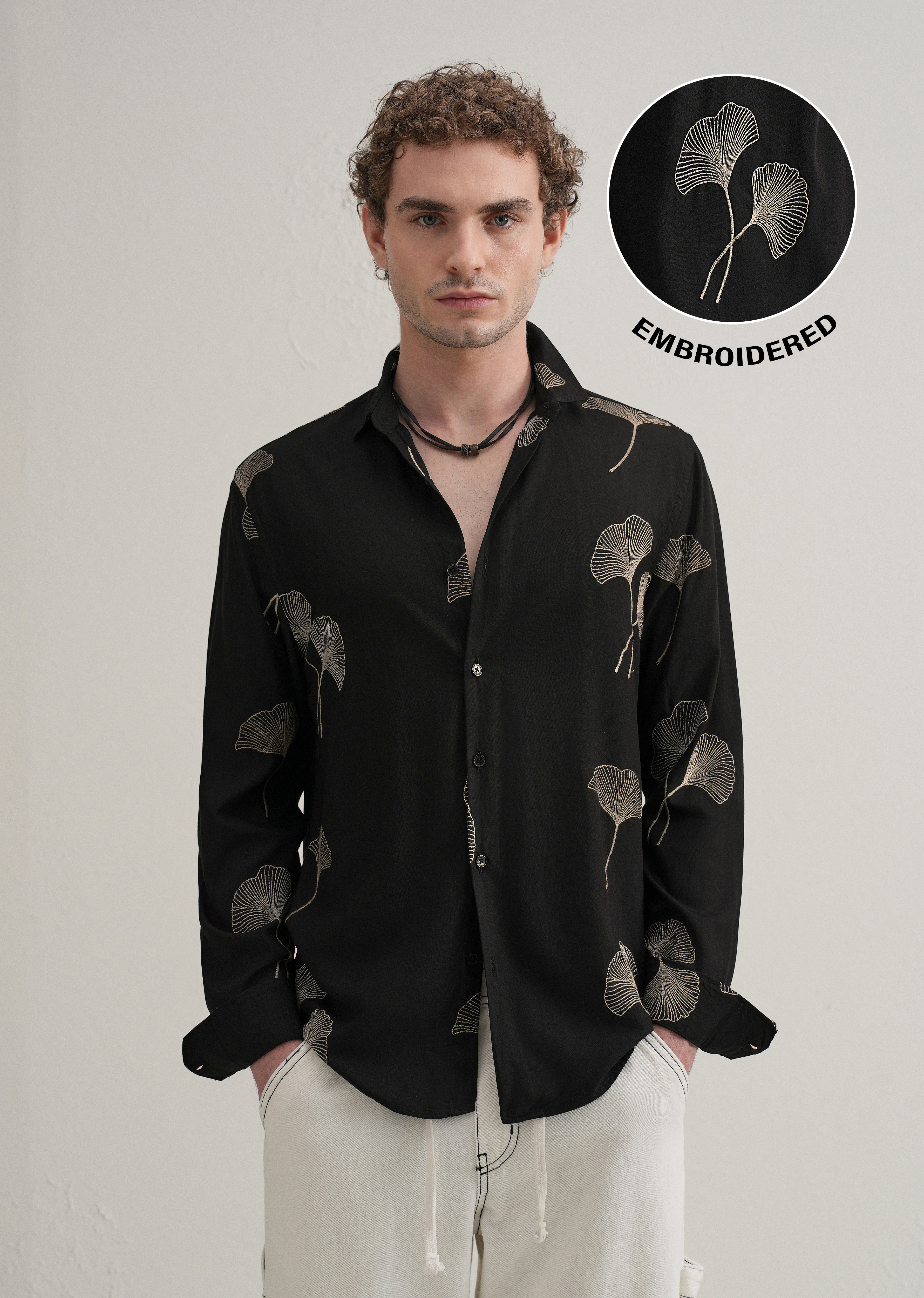 Black Abstract Leaf Embroidery Shirt