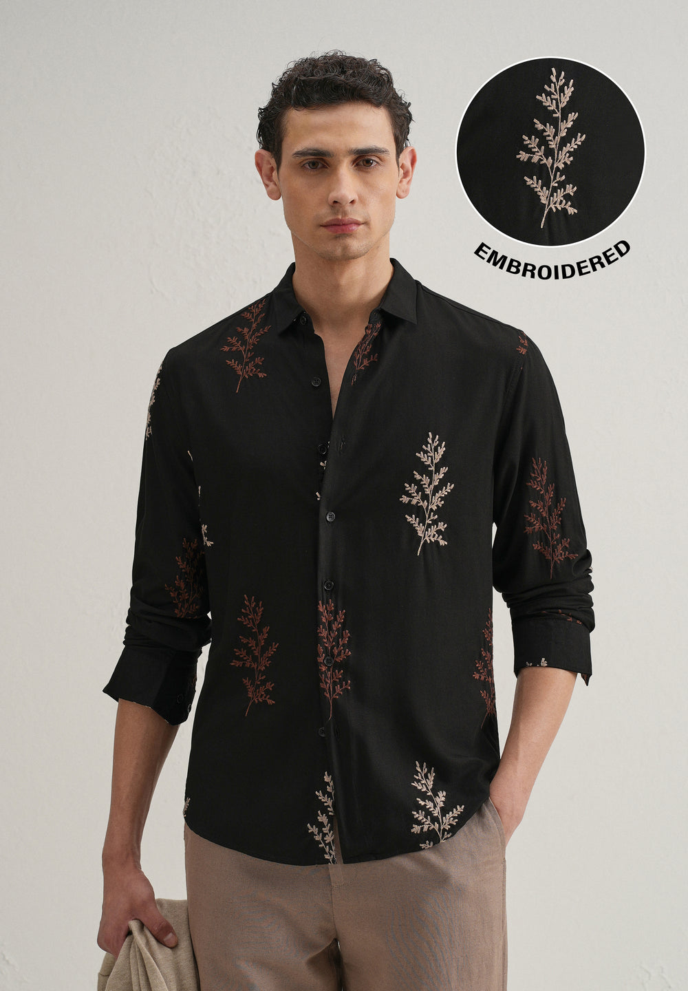 Black Botanical Embroidery Shirt