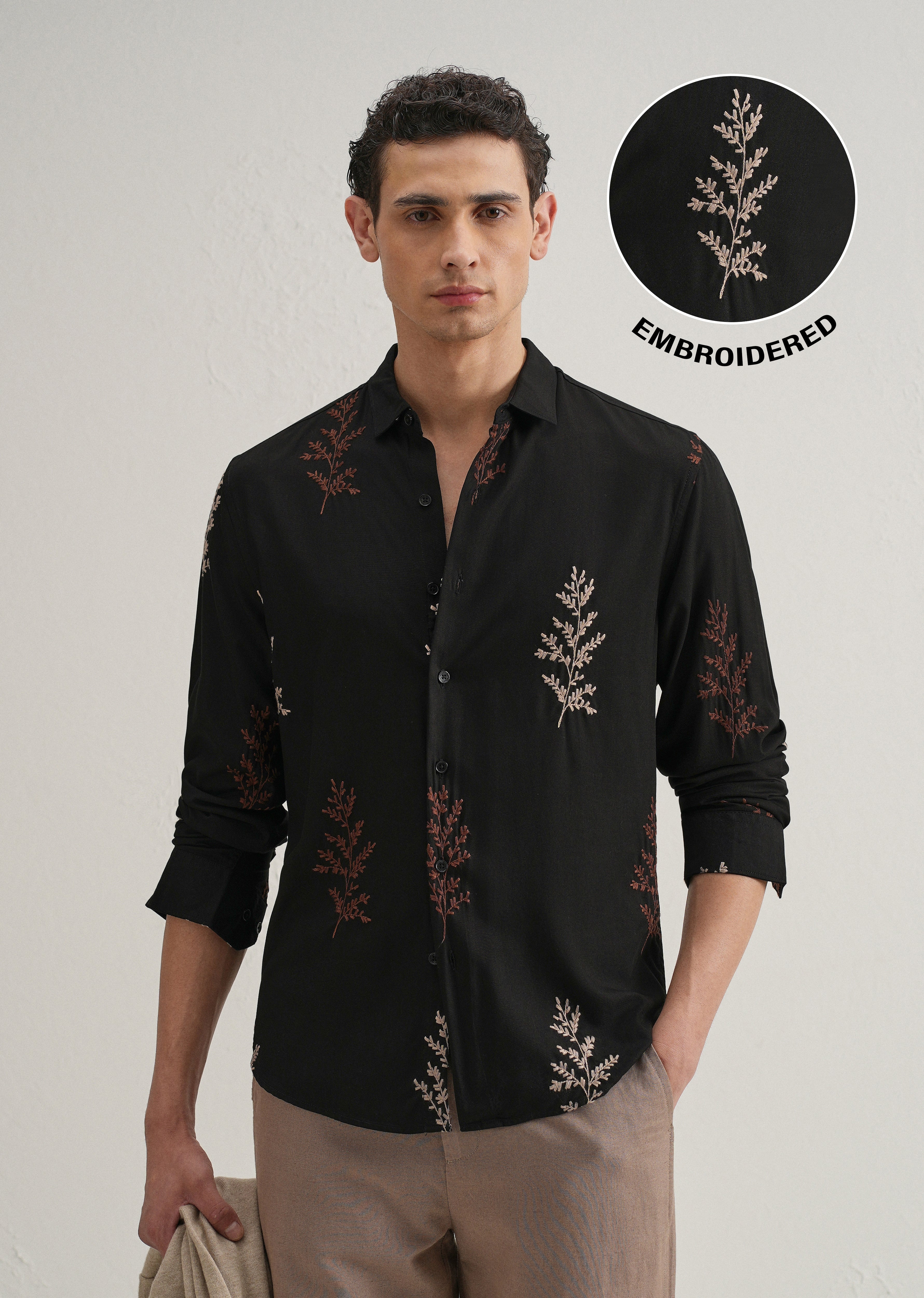 Black Botanical Embroidery Shirt