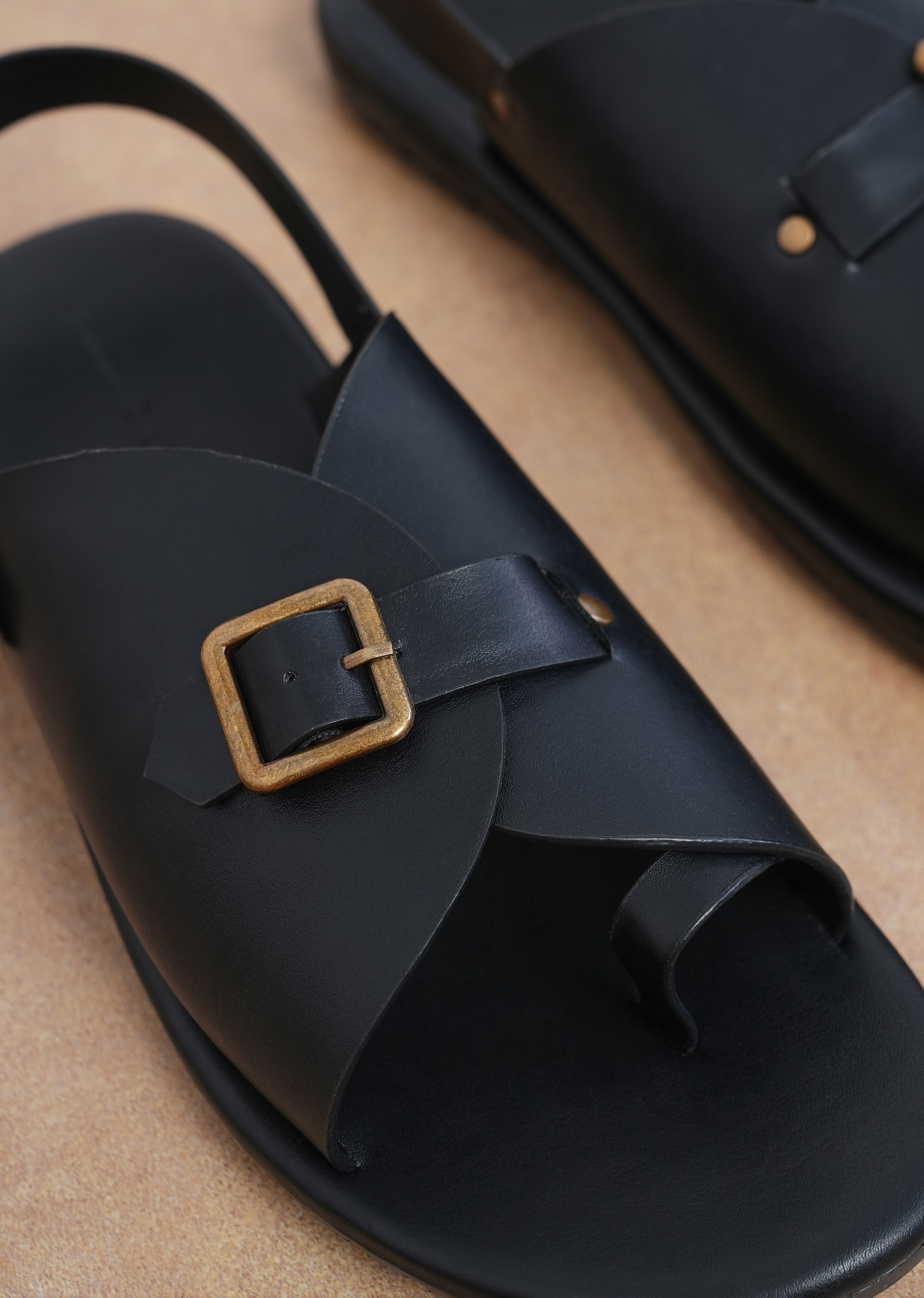 Black Buckle Detail Cross Strap Sandals
