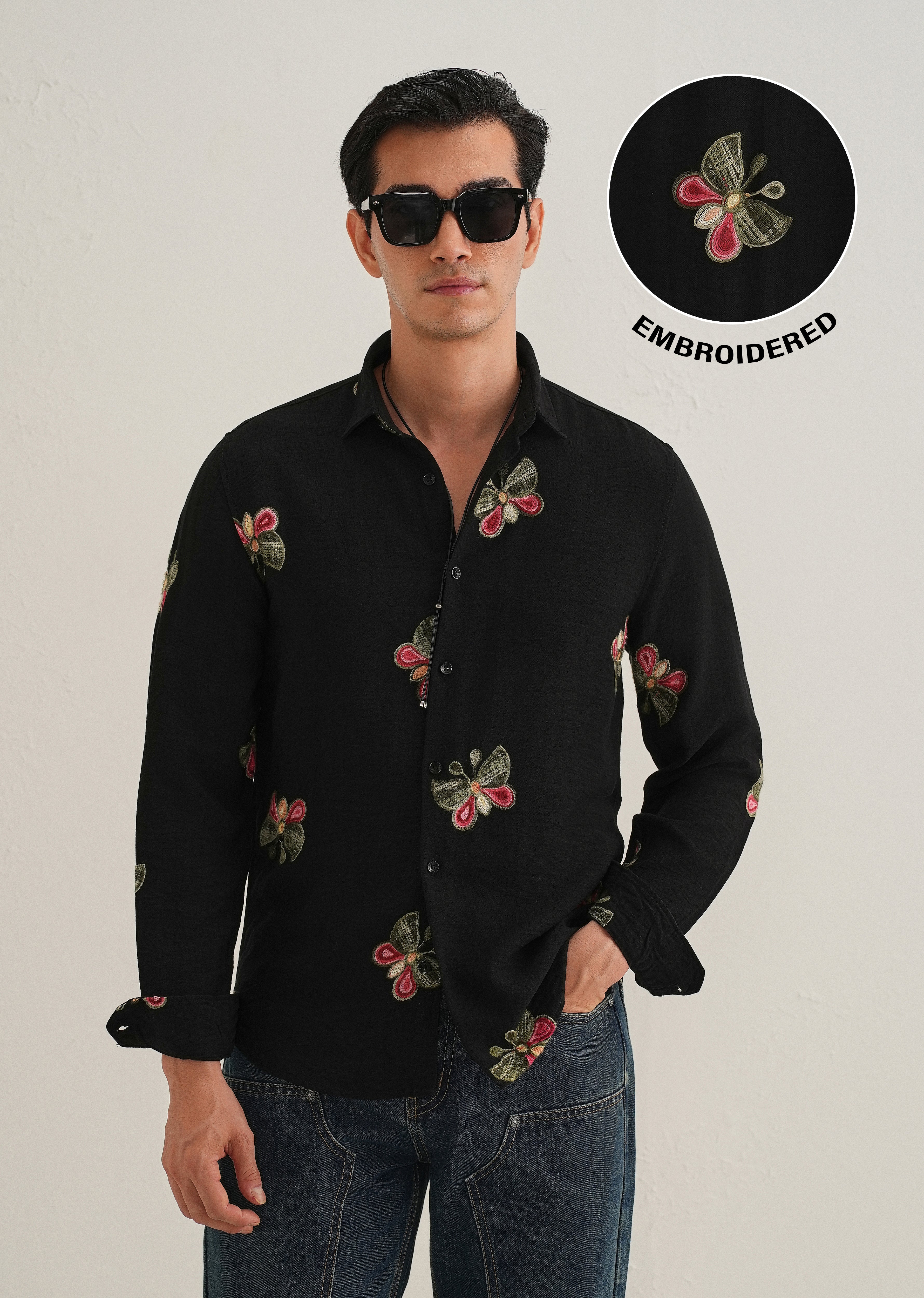 Black Butterfly Embroidered Shirt