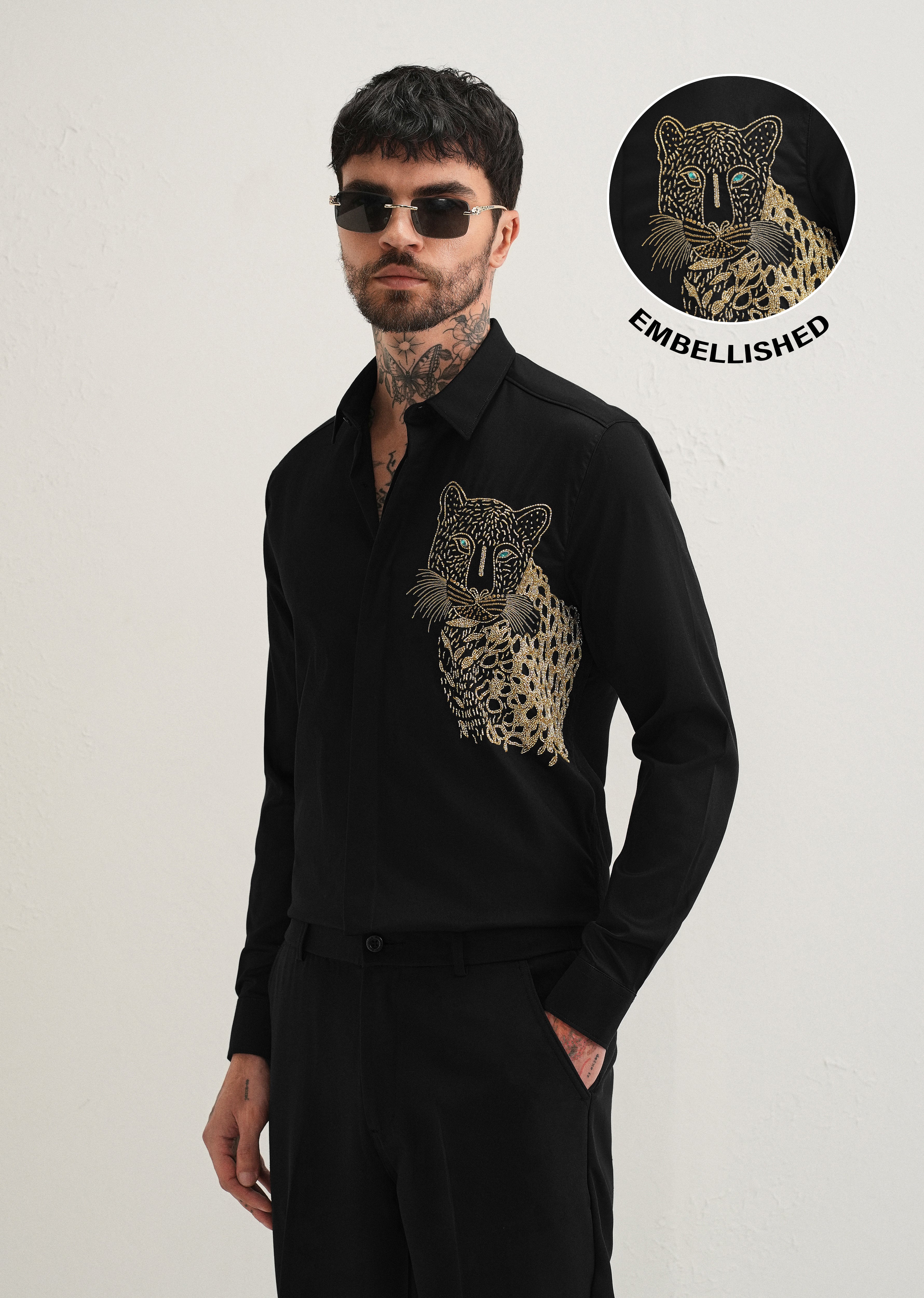 Black Cheetah Embellished Handwork Designer Shirt